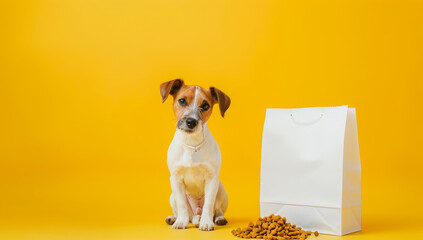 White paper bag with dog food on a yellow background, a puppy sitting next to it. Space for text. dog sitting next to clean white pet food package, isolated background