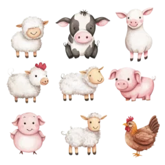 Cute cartoon farm animals including sheep, cow, pig, and chicken, perfect for children's illustrations and educational materials.