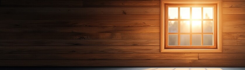 Fototapeta premium A warm glow of sunlight streams through a cozy wooden window, illuminating a rustic interior with a serene atmosphere.