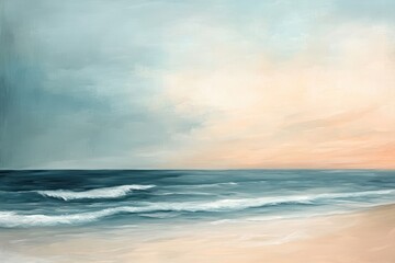 Abstract Seascape Painting with Blue and Peach Tones