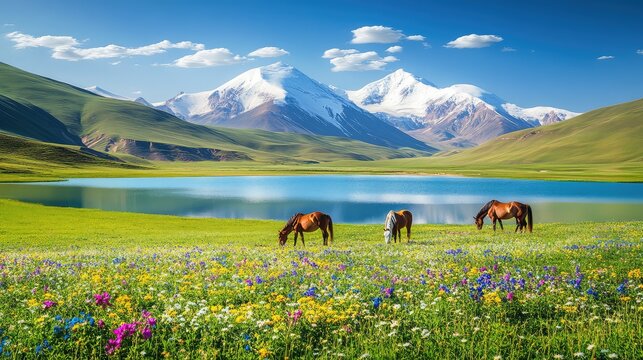 A stunning Xinjiang view, featuring snow-capped mountains, a green basin with a clear lake, grazing horses, and vibrant wildflowers under a blue sky