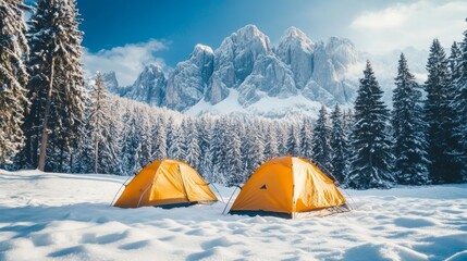 Camping tent outdoor. Camping leisure and destination travel near green forest mountain snow winter on the tents in morning. Tourism relax and chill in summer holiday