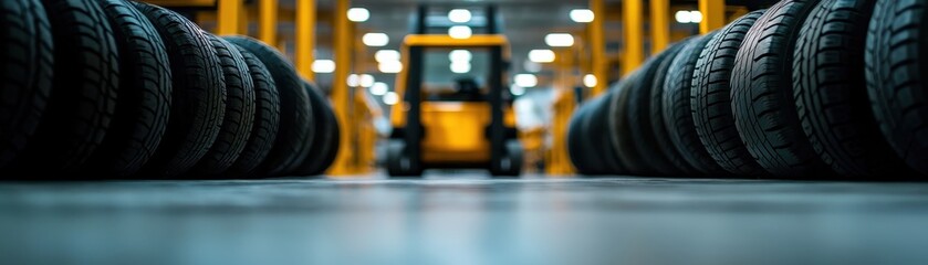 Close-up view of stacked tires in a warehouse, with a forklift in the background showcasing industrial storage and logistics.