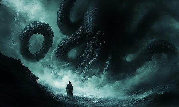 A lone figure confronting a colossal, shadowy kraken in a stormy sea
