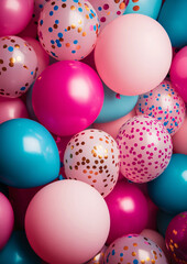 birthday party balloons, colourful balloons background and birthday cake with candles	