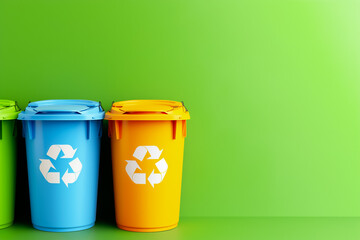 Three distinct recycling bins in blue, yellow, and green sit side by side against a vibrant green background, promoting recycling and waste management in a lively setting