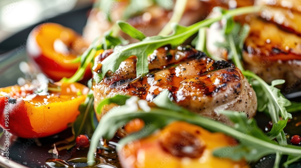 Wall mural a plate of grilled meat and vegetables, including grilled chicken, tomatoes