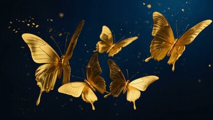 Golden Butterflies - A collection of golden butterflies flying against a dark blue background.