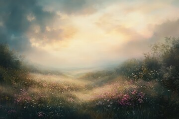 A Misty Meadow with Pink Flowers at Sunset