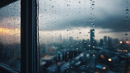 Rain droplets on a window with a blurred urban skyline in the background during a stormy evening