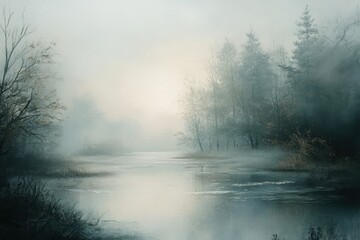 Foggy Morning Landscape with River and Trees