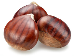 Raw chestnuts isolated on white background. Portuguese traditional snack autumn street food.