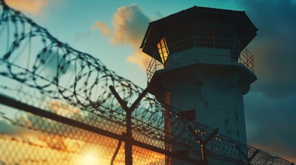 prison tower next to a spiked fence