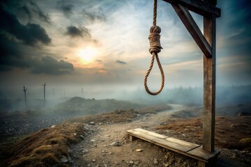 Rusted metal gallows with a frayed rope noose suspended ominously in a desolate, foggy landscape, evoking a sense