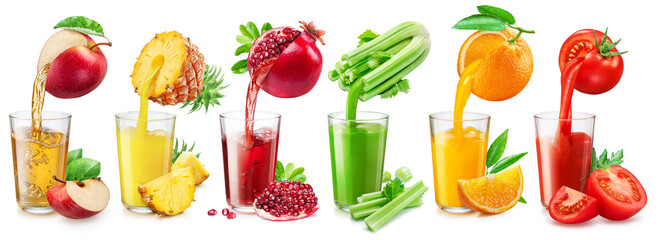 Set of fruit juice glasses and fresh juice pouring from fruits into the glasses.