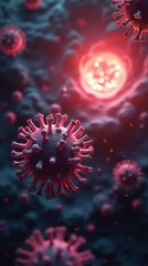 Obraz premium Close-up of cancer cell with red nucleus in blue environment