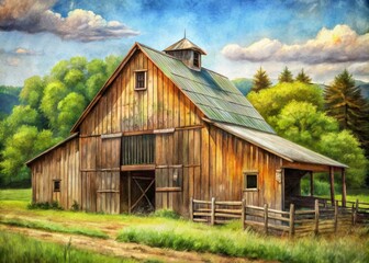 Obraz premium Rustic Barn Scene Rendered In Intricate Pencil Strokes, Capturing The Weathered Texture And Rural Charm Of The
