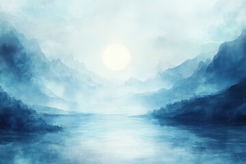 Misty Mountain Landscape with Sun and Lake