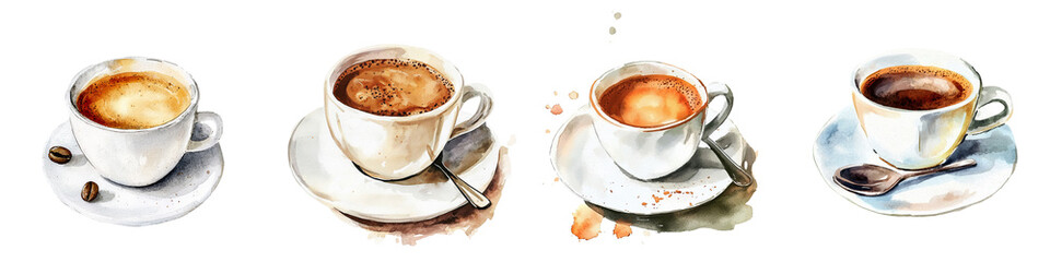 Four cups of coffee showcasing different brewing styles and colors, perfect for illustrating coffee-related themes.