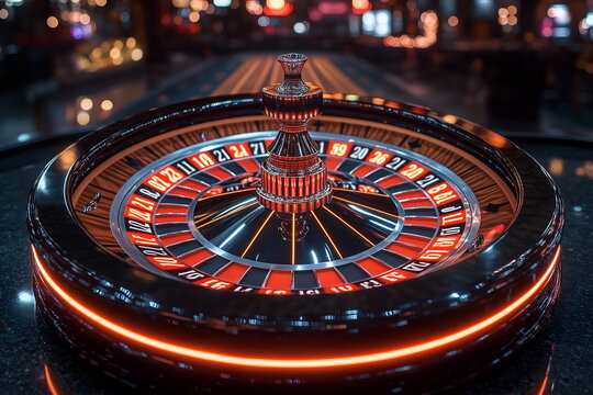 Glowing neon roulette wheel spinning in a dark, smoky casino, hyperrealistic detail banner