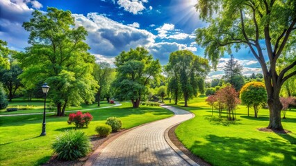 Fototapeta premium Serene and idyllic scenery of a lush green park with vibrant trees, meandering paved pathways, and a tranquil