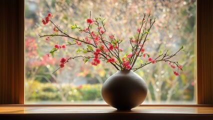 A seasoned ikebana florist arranges a stunning display of vivid azaleas and delicate fern fronds in a traditional Japanese vase, set against the backdrop of a serene autumn forest, 