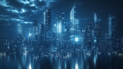 Obraz premium ## Glowing Cityscape: Futuristic Architecture Illuminated at Night