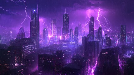 Urban skyline bathed in purple light from a fierce lightning storm, with lightning bolts cutting through the night and highlighting the cityscape with intense energy.
