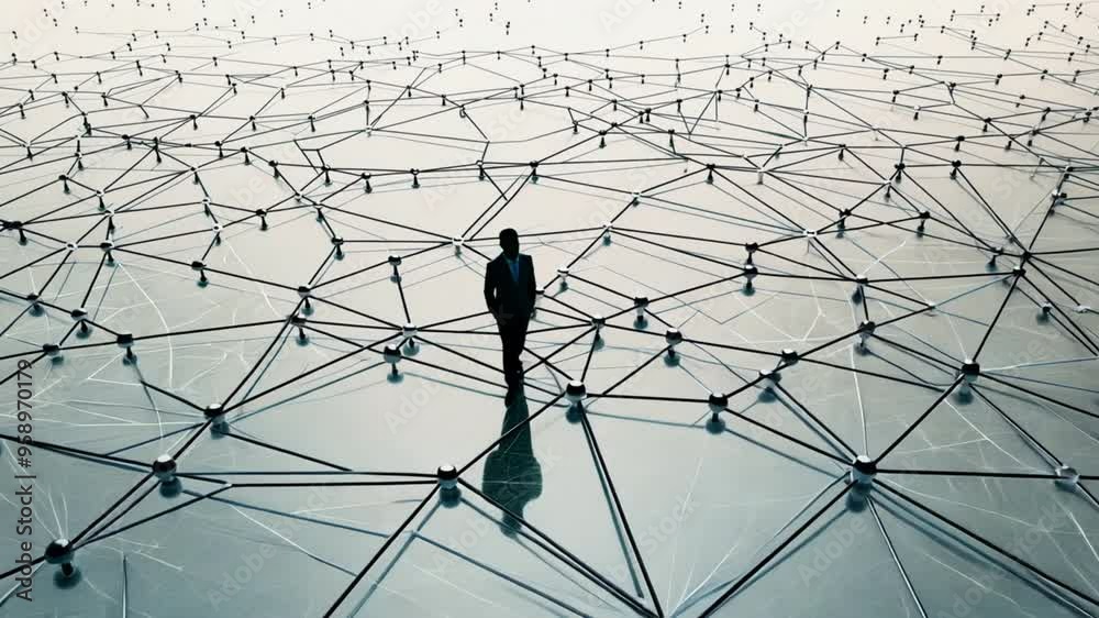 Poster A man stands in the middle of a web of lines