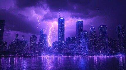 Fototapeta premium Urban skyline bathed in purple light from a fierce lightning storm, with lightning bolts cutting through the night and highlighting the cityscape with intense energy.