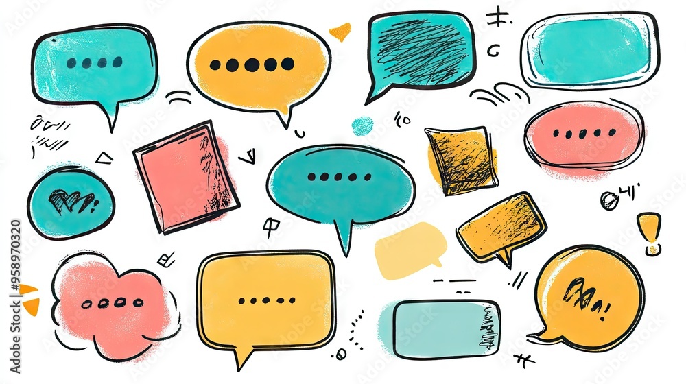 Aufkleber variety of speech bubble and message box designs in doodle style with blank spaces for text. perfect