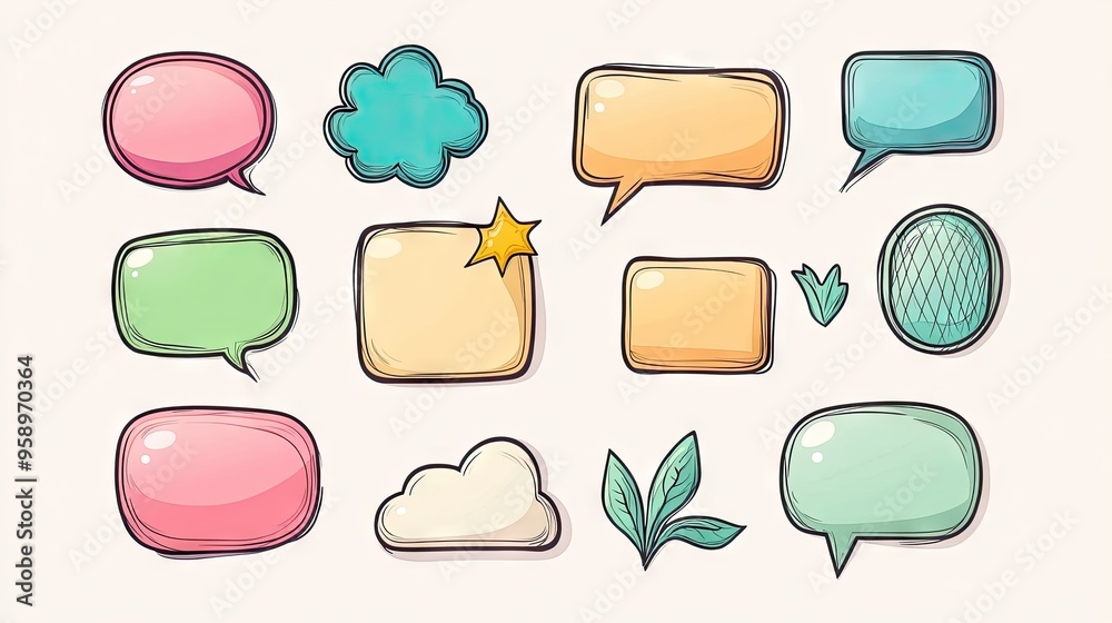 Poster variety of speech bubble and message box illustrations in cartoon style with outline designs and emp