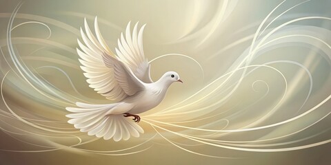 Obraz premium Simple, hand-drawn illustration of a peaceful white dove in gentle flight, surrounded by soft, swirly lines and subtle