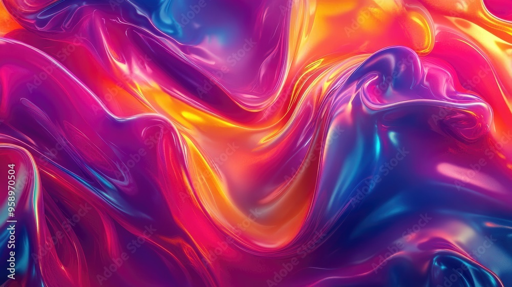 Poster vibrant 3d abstract fluid forms flowing in a continuous loop, with bold colors and gradients creatin
