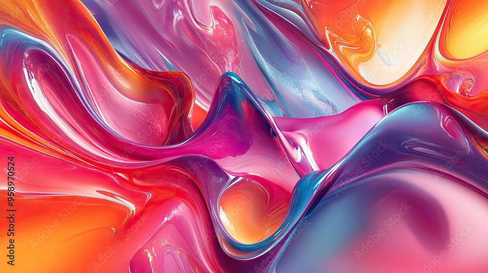 Poster vibrant 3d abstract fluid forms flowing in a continuous loop, with bold colors and gradients creatin