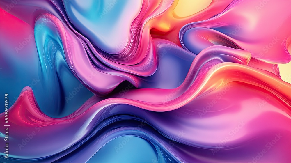 Poster vibrant 3d abstract fluid forms flowing in a continuous loop, with bold colors and gradients creatin