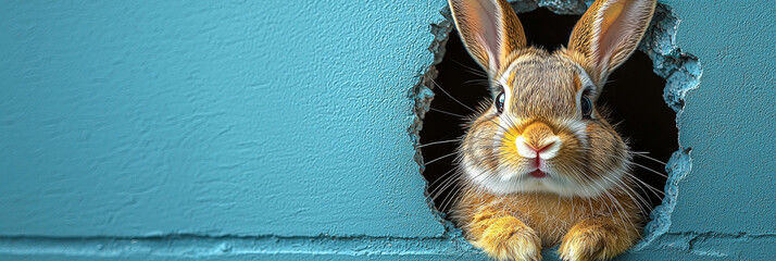 A cute brown rabbit peeks out from a hole in a blue wall, looking curious and playful.