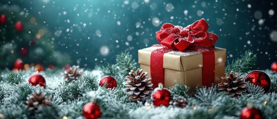 Obraz premium Snowflake motifs and Christmas gift box, clean and elegant, top view, space for text.