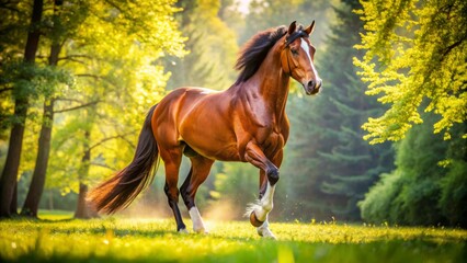 Obraz premium Strong, muscular legs of a majestic brown horse, hooves gleaming in sunlight, standing in a lush green meadow