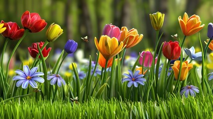 A field of flowers with a bee flying over them