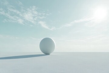 A Single White Sphere on a Vast, Smooth, White Surface Under a Cloudy Sky