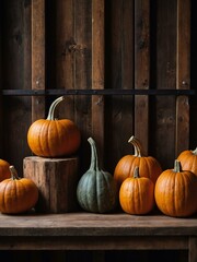 Lineup of Decorative Pumpkins on a Wooden Shelf