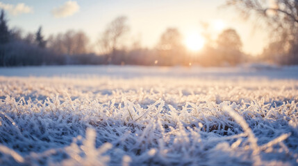 Frost-covered grass at sunrise, peaceful winter morning