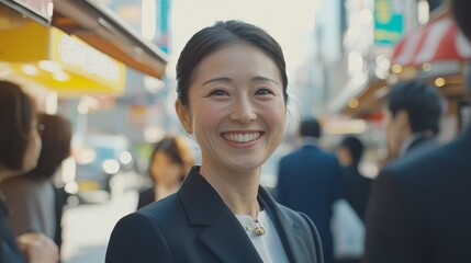 Fototapeta premium A radiant businesswoman smiles brightly in a bustling urban street, showcasing determination and poise amidst the city life around her.