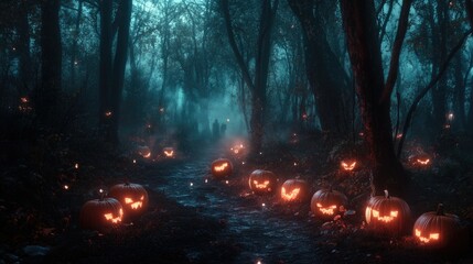 Enchanted Forest Trail at Night with Glowing Pumpkins and Ghostly Figures Amidst the Fog