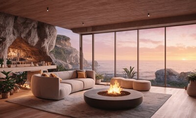 A living room with a fireplace generative AI illustration