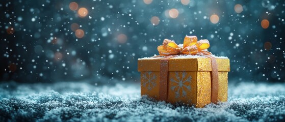 Snowflake patterns with a yellow Christmas gift box, spacious composition, soft and elegant design.