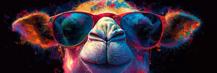 A camel wearing sunglasses with a colorful, abstract background.