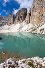 Antermoia lake in the Catinaccio d'Antermoia group on the Dolomites.Trentino Alto Adige, Italy