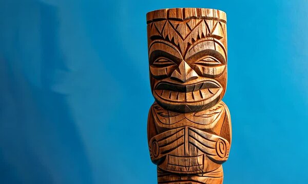 Traditional tiki carving against a bright blue background